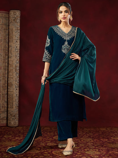 Janasya Women's Teal Blue Velvet Zari Embroidered Straight Kurta Set