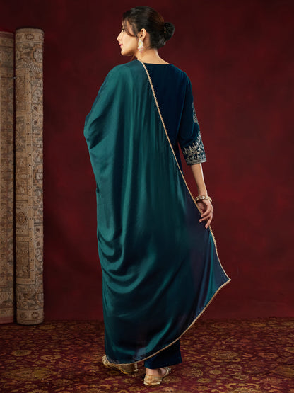 Janasya Women's Teal Blue Velvet Zari Embroidered Straight Kurta Set