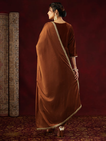 Janasya Women's Brown Velvet Zari Embroidered A-line Kurta Set