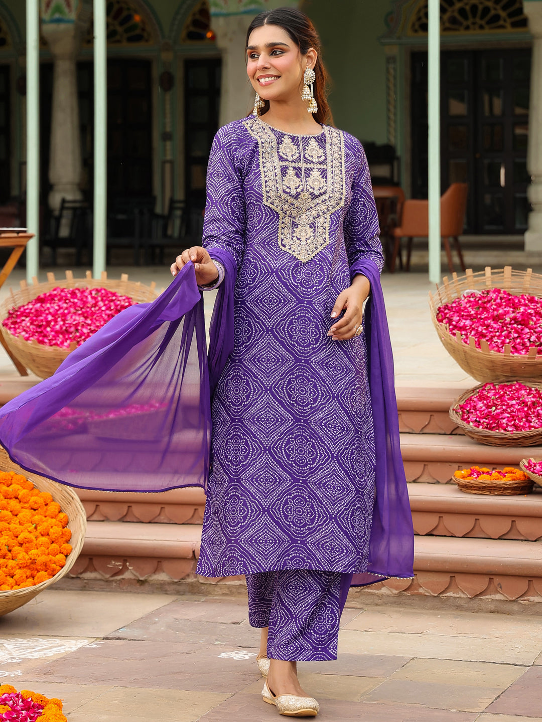 Janasya Women's Purple Rayon Blend Bandhani Printed Straight Kurta Set