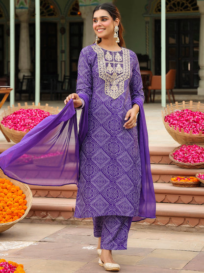 Janasya Women's Purple Rayon Blend Bandhani Printed Straight Kurta Set