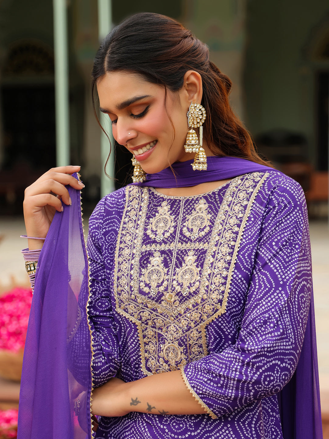 Janasya Women's Purple Rayon Blend Bandhani Printed Straight Kurta Set