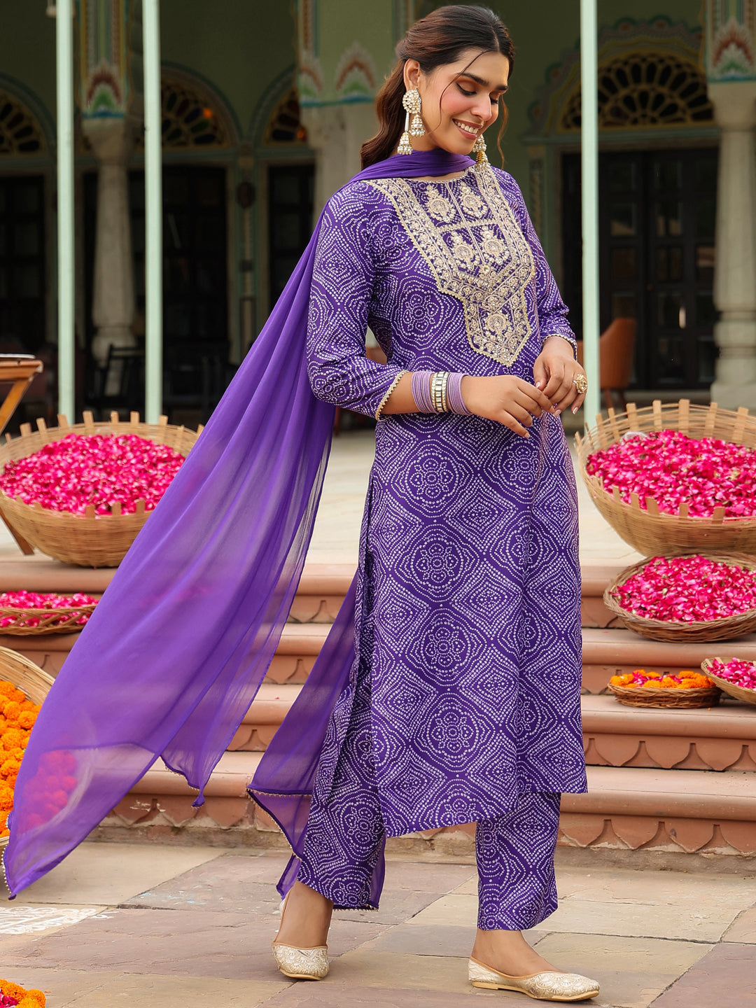 Janasya Women's Purple Rayon Blend Bandhani Printed Straight Kurta Set