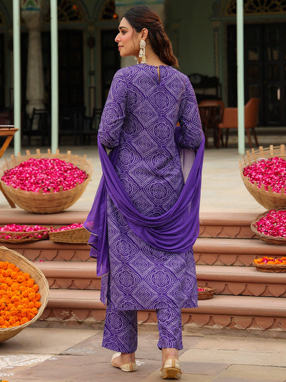 Janasya Women's Purple Rayon Blend Bandhani Printed Straight Kurta Set