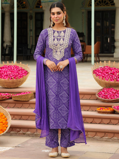 Janasya Women's Purple Rayon Blend Bandhani Printed Straight Kurta Set