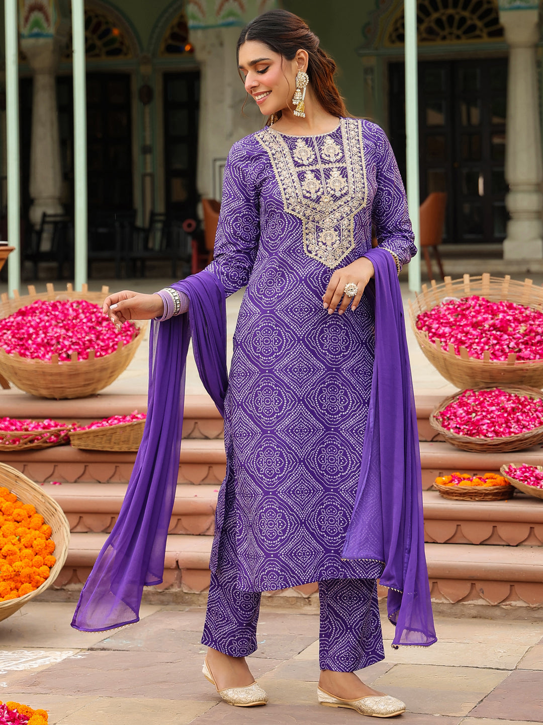 Janasya Women's Purple Rayon Blend Bandhani Printed Straight Kurta Set