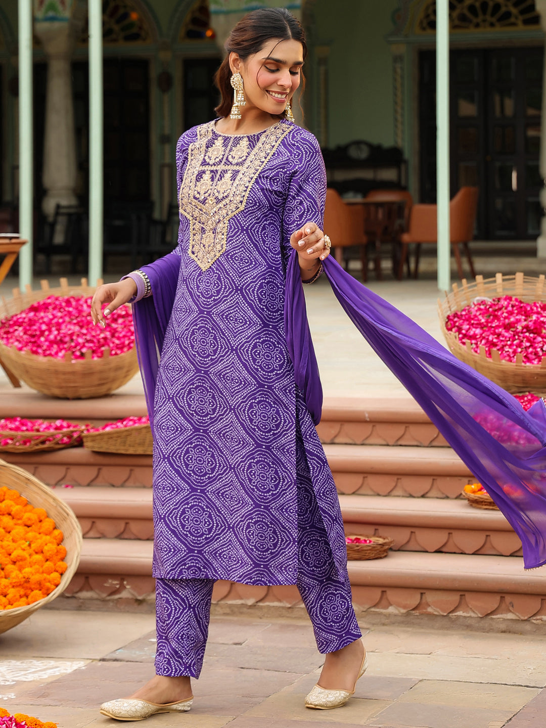 Janasya Women's Purple Rayon Blend Bandhani Printed Straight Kurta Set