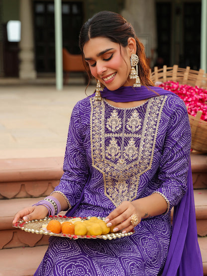 Janasya Women's Purple Rayon Blend Bandhani Printed Straight Kurta Set