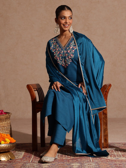 Janasya Women's Teal Blue Silk Blend Yoke Embroidered Straight Kurta Set
