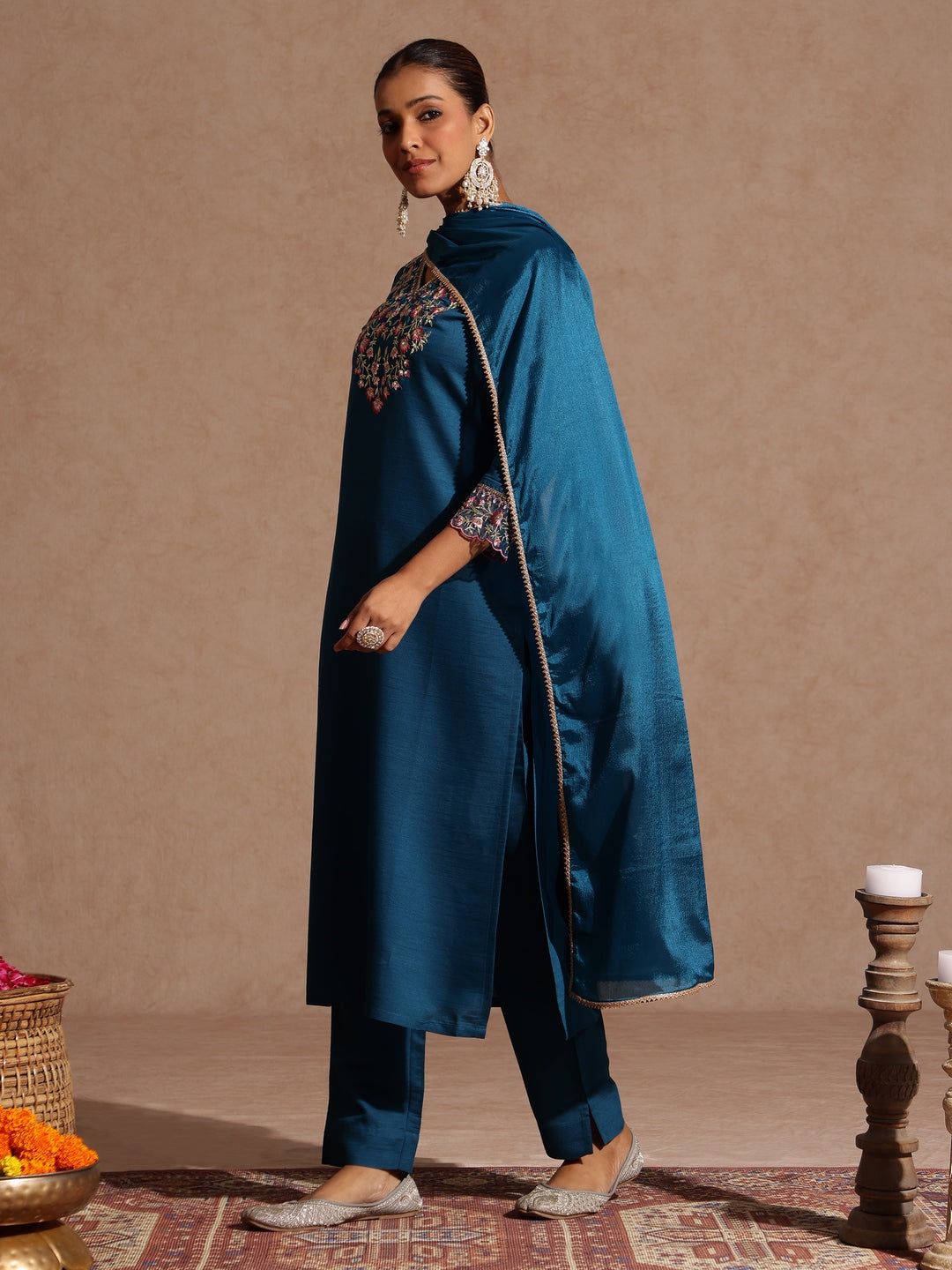 Janasya Women's Teal Blue Silk Blend Yoke Embroidered Straight Kurta Set
