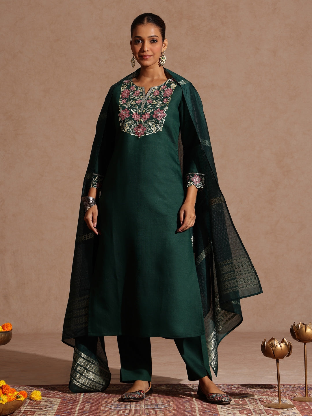 Janasya Women's Bottle Green Silk Blend Yoke Embroidered Straight Kurta Set
