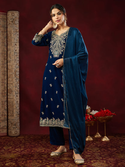 Janasya Women's Teal Blue Velvet Embellished Gold Printed Straight Kurta Set