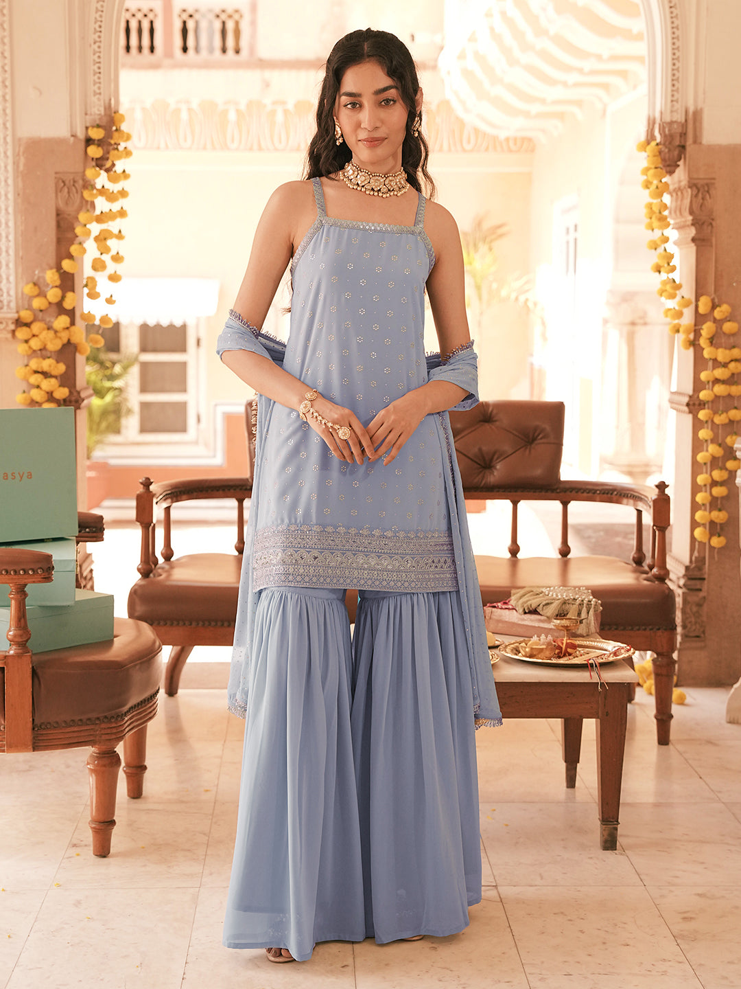 Janasya Women's Grey Blue Georgette Floral Embroidered Gold Foil Printed Straight Kurta with Sharara and Dupatta Set