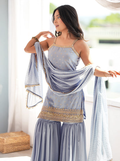 Janasya Women's Grey Blue Georgette Floral Embroidered Gold Foil Printed Straight Kurta with Sharara and Dupatta Set