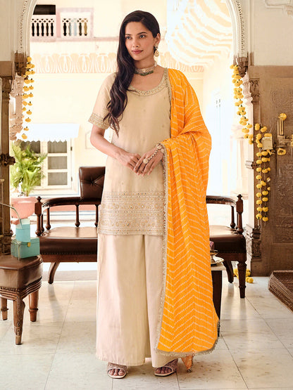 Janasya Women's Beige Silk Blend Embroidered Straight Kurta and Palazzo Set with Bandhani Printed Dupatta