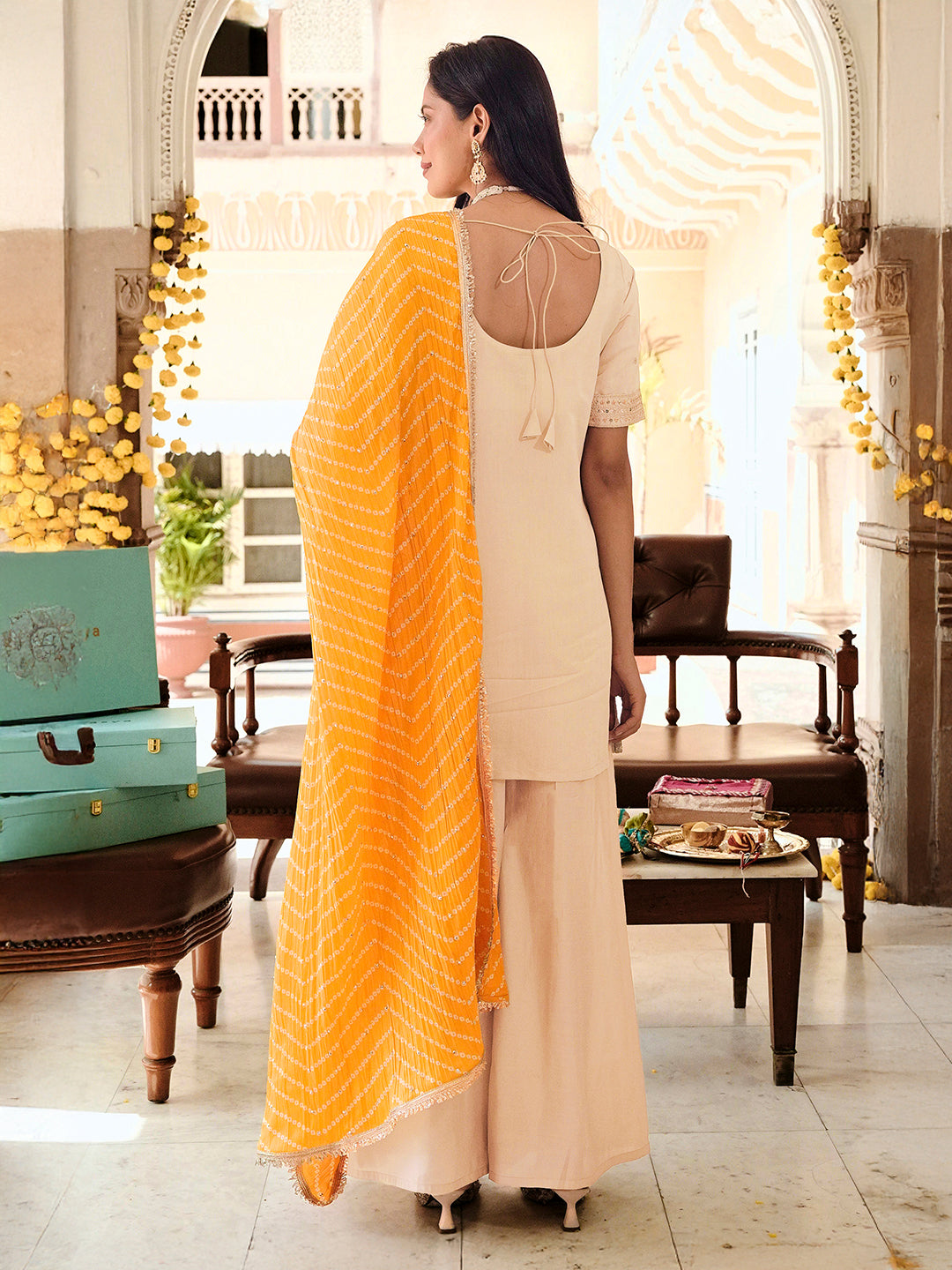 Janasya Women's Beige Silk Blend Embroidered Straight Kurta and Palazzo Set with Bandhani Printed Dupatta