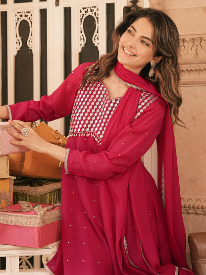 Janasya Women's Pink Georgette Embellished Gold Foil Printed A-Line Kurta and Palazzo Set with Dupatta