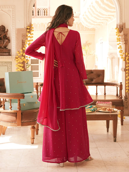 Janasya Women's Pink Georgette Embellished Gold Foil Printed A-Line Kurta and Palazzo Set with Dupatta