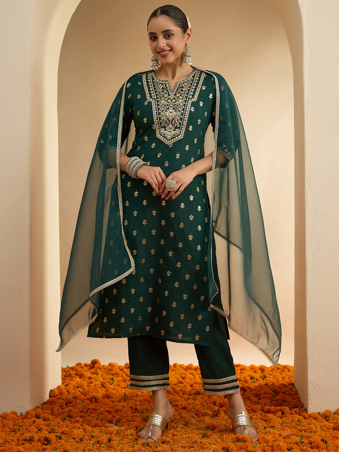 Janasya Women's Bottle Green Chanderi Silk Yoke Embroidered Foil Printed Straight Kurta Set