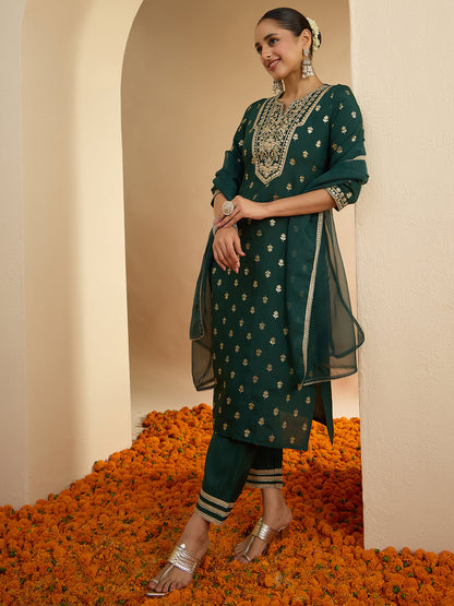 Janasya Women's Bottle Green Chanderi Silk Yoke Embroidered Foil Printed Straight Kurta Set