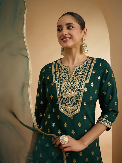 Janasya Women's Bottle Green Chanderi Silk Yoke Embroidered Foil Printed Straight Kurta Set
