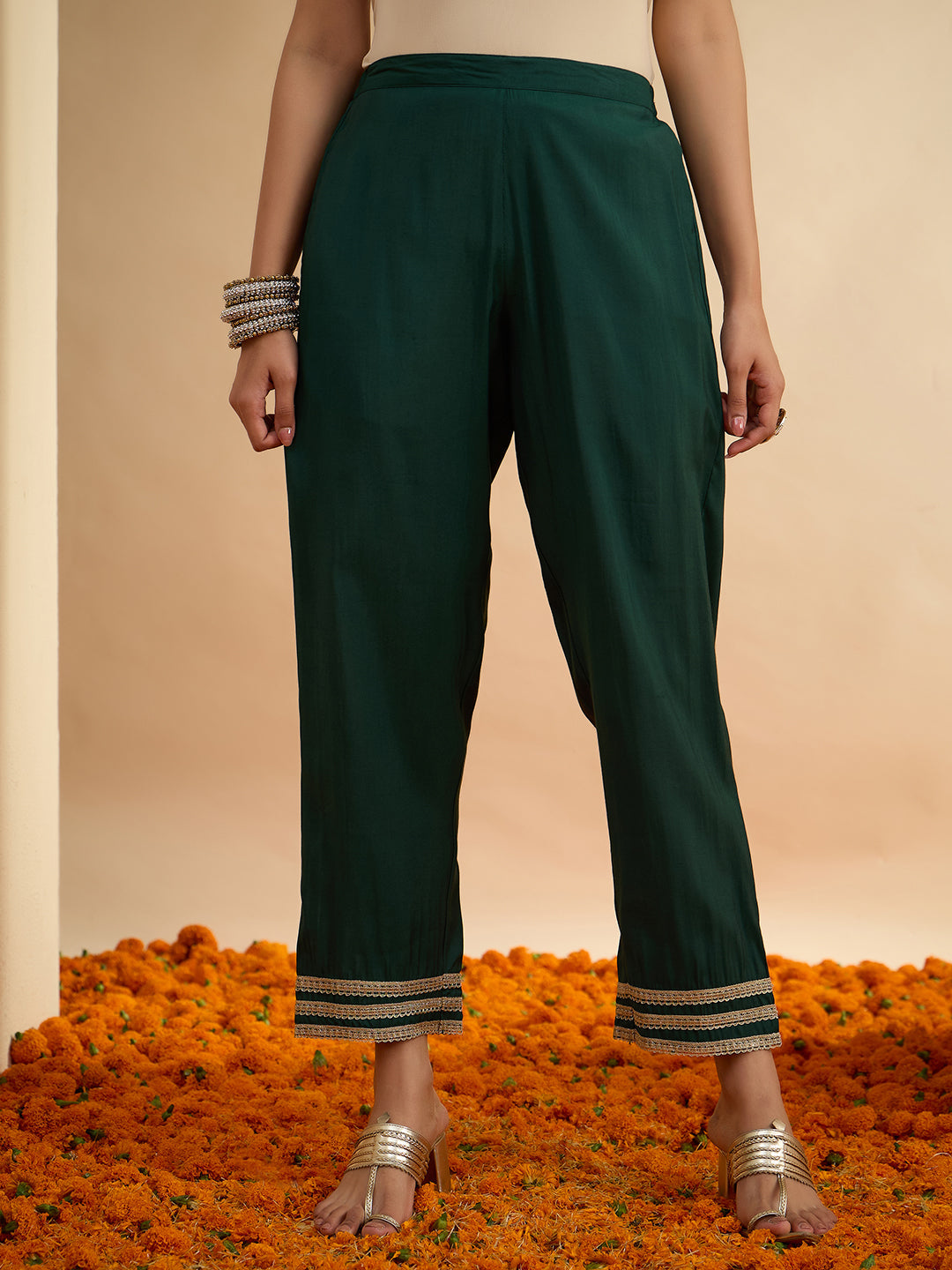 Janasya Women's Bottle Green Chanderi Silk Yoke Embroidered Foil Printed Straight Kurta Set