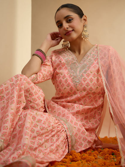 Janasya Women's Peach Chanderi Silk Floral Embroidered Straight Kurta Sharara Set