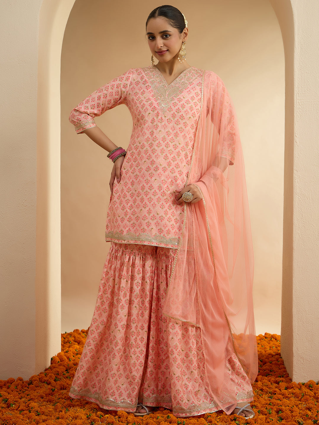Janasya Women's Peach Chanderi Silk Floral Embroidered Straight Kurta Sharara Set