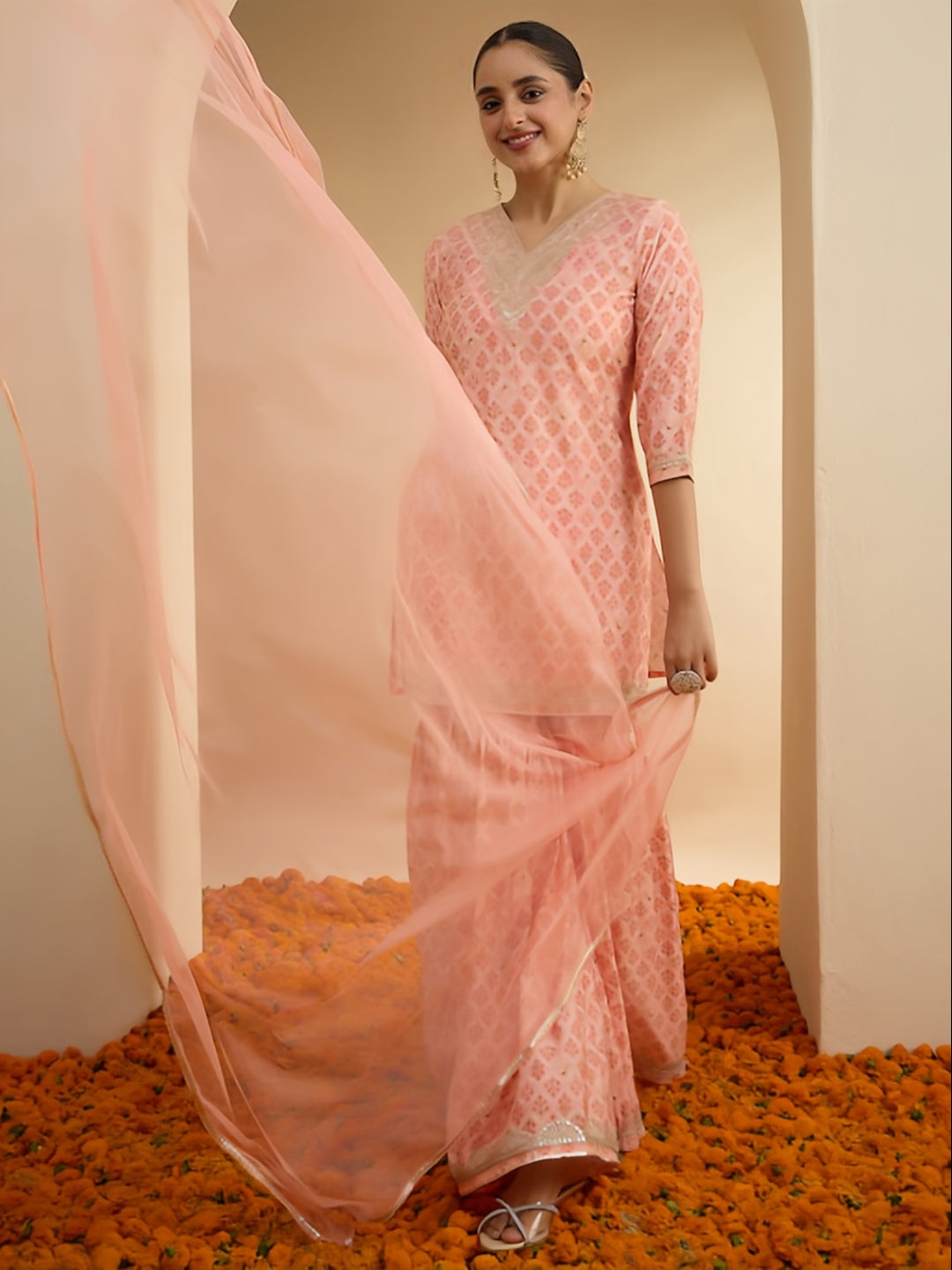 Janasya Women's Peach Chanderi Silk Floral Embroidered Straight Kurta Sharara Set
