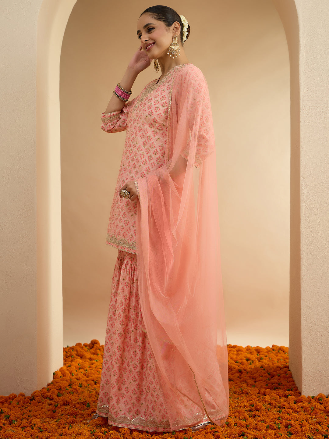 Janasya Women's Peach Chanderi Silk Floral Embroidered Straight Kurta Sharara Set
