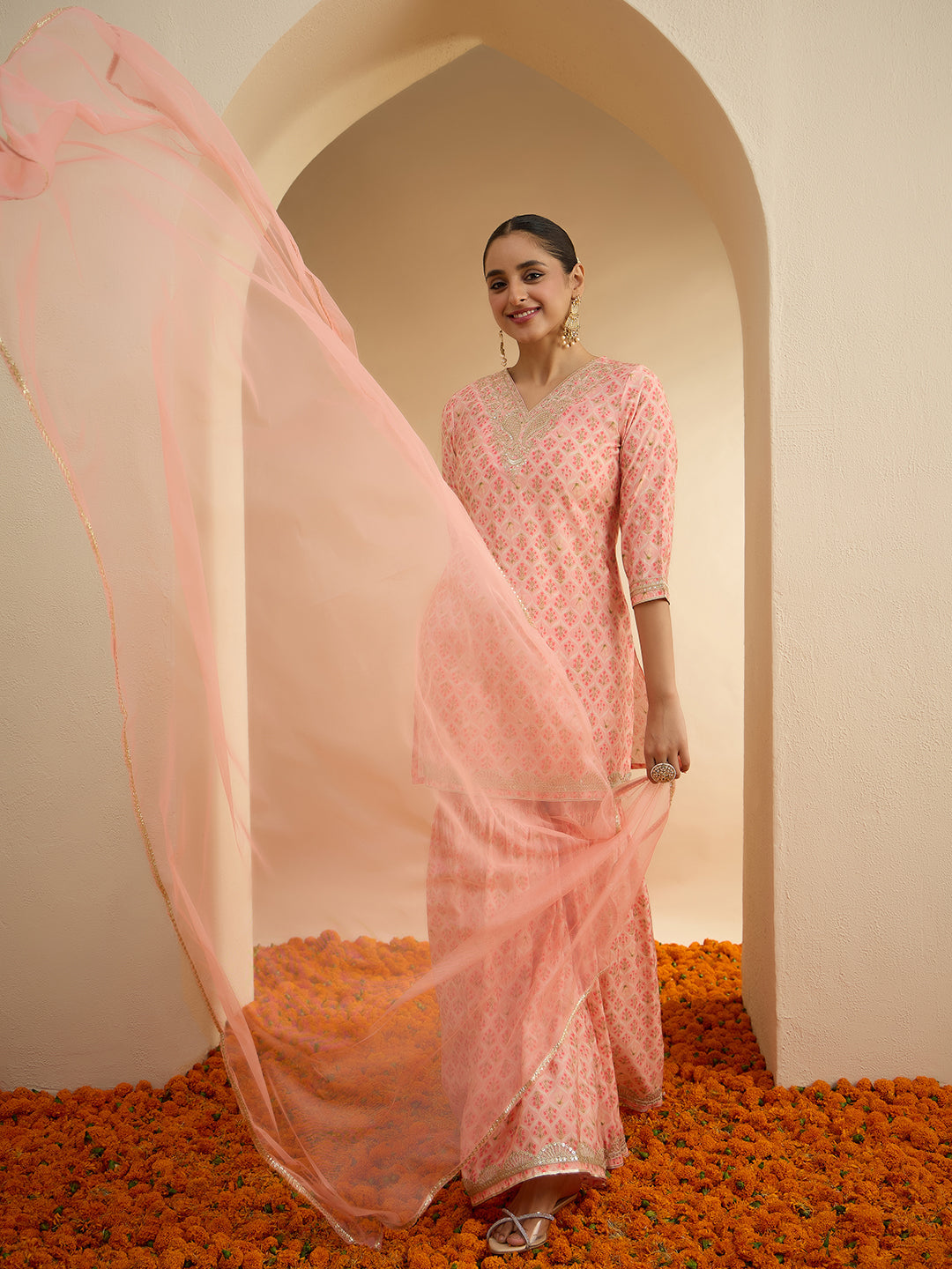 Janasya Women's Peach Chanderi Silk Floral Embroidered Straight Kurta Sharara Set