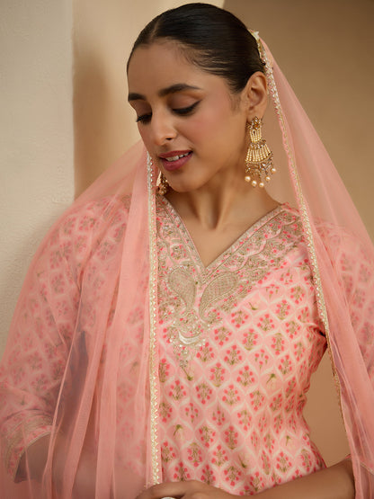 Janasya Women's Peach Chanderi Silk Floral Embroidered Straight Kurta Sharara Set