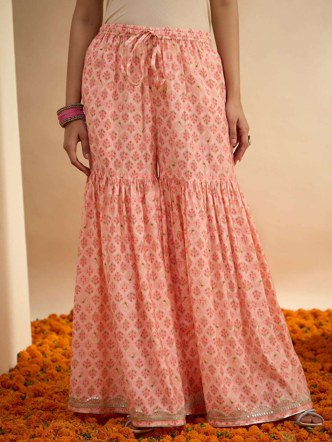 Janasya Women's Peach Chanderi Silk Floral Embroidered Straight Kurta Sharara Set