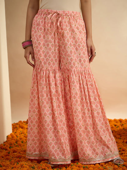 Janasya Women's Peach Chanderi Silk Floral Embroidered Straight Kurta Sharara Set