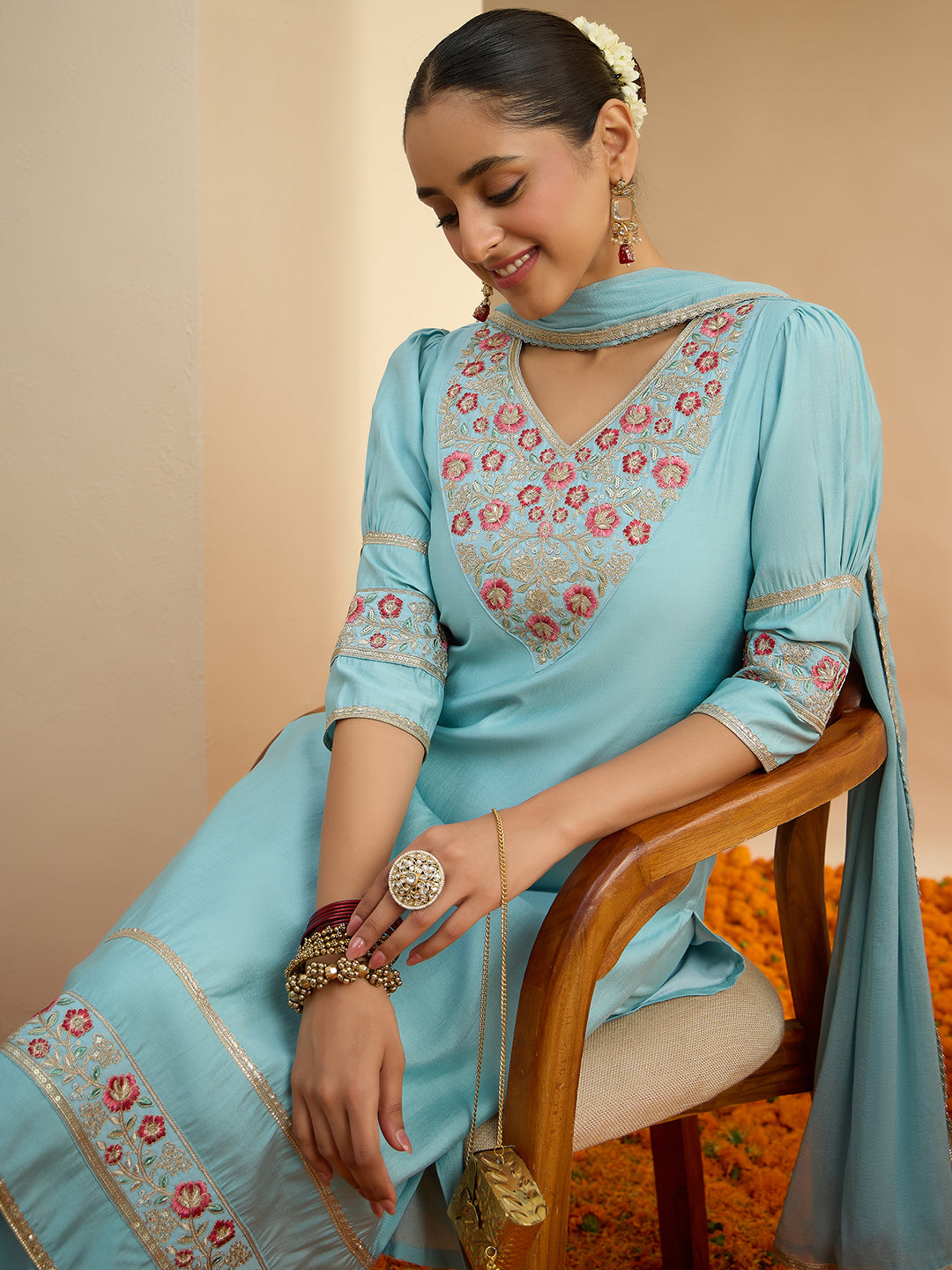 Janasya Women's Sky Blue Chanderi Silk Floral Embroidered Straight Kurta Set