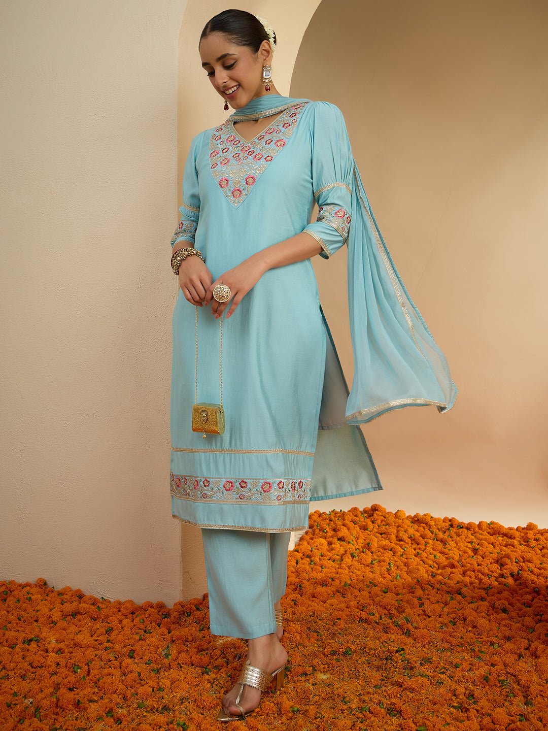 Janasya Women's Sky Blue Chanderi Silk Floral Embroidered Straight Kurta Set