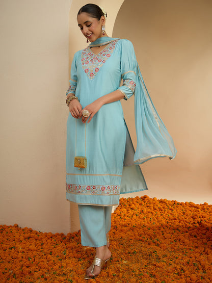 Janasya Women's Sky Blue Chanderi Silk Floral Embroidered Straight Kurta Set