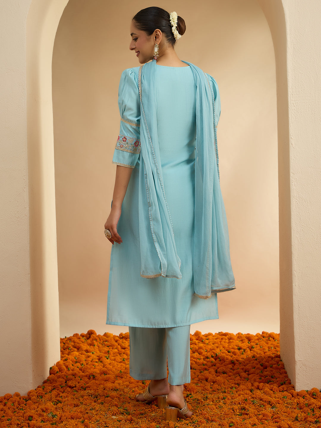 Janasya Women's Sky Blue Chanderi Silk Floral Embroidered Straight Kurta Set