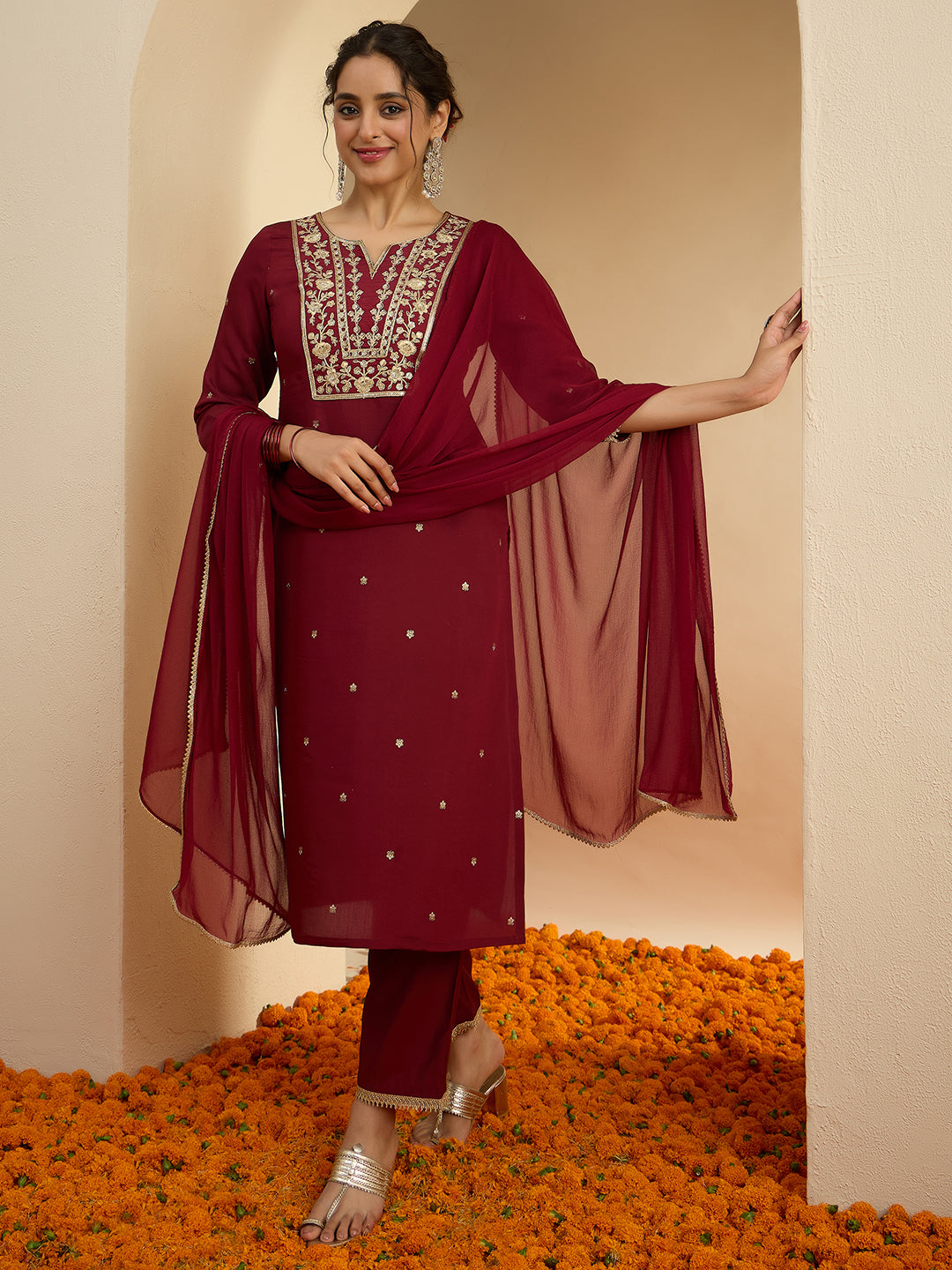 Janasya Women's Maroon Chanderi Silk Floral Embroidered Foil Print Straight Kurta Set