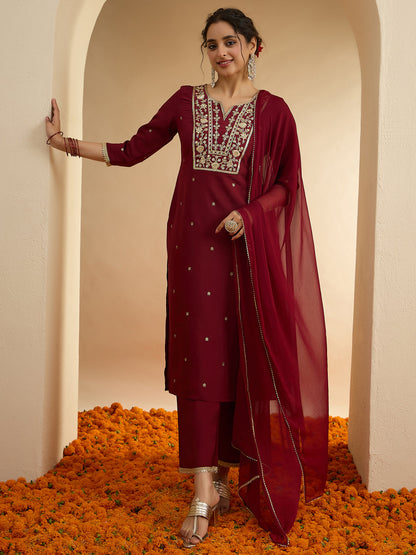 Janasya Women's Maroon Chanderi Silk Floral Embroidered Foil Print Straight Kurta Set