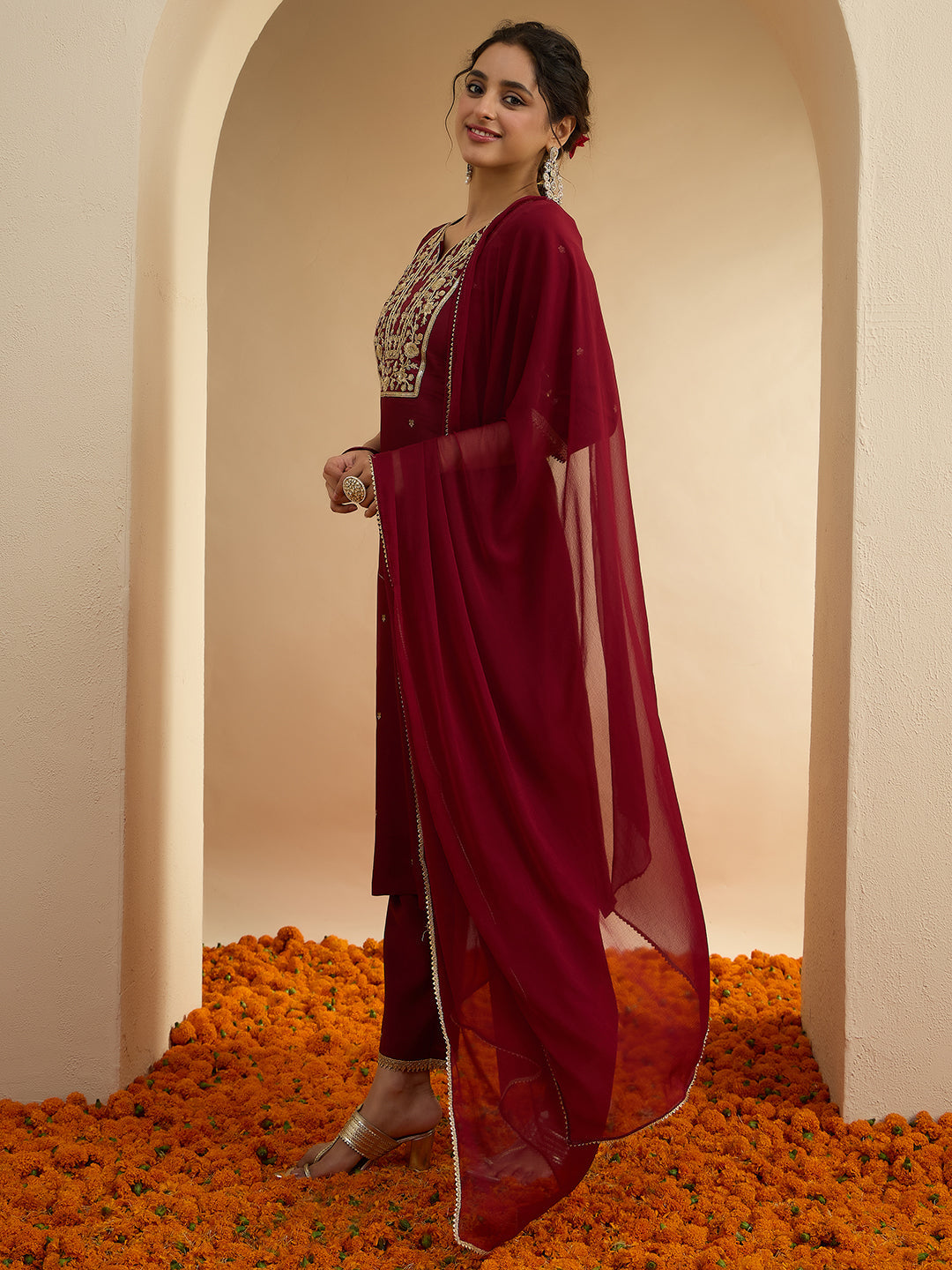 Janasya Women's Maroon Chanderi Silk Floral Embroidered Foil Print Straight Kurta Set