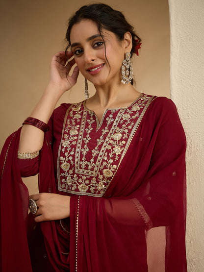 Janasya Women's Maroon Chanderi Silk Floral Embroidered Foil Print Straight Kurta Set