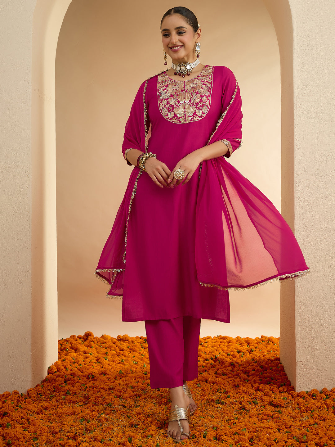Janasya Women's Pink Silk Blend Floral Zari Yoke Embroidered Straight Kurta Set