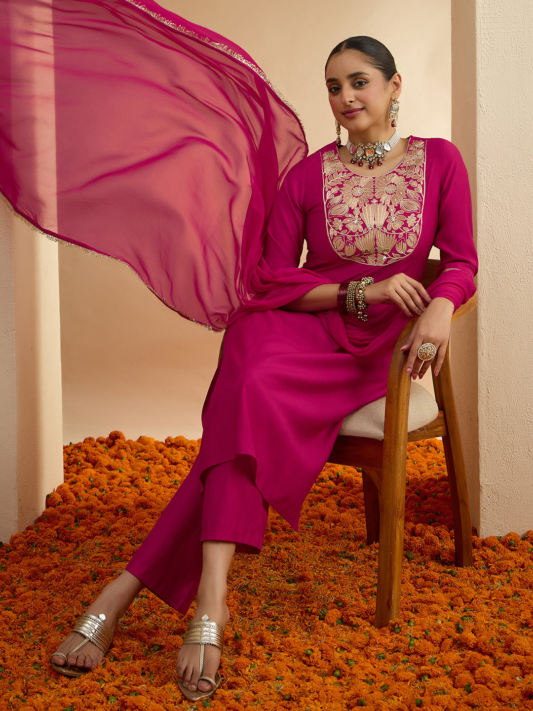 Janasya Women's Pink Silk Blend Floral Zari Yoke Embroidered Straight Kurta Set