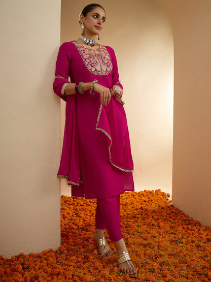 Janasya Women's Pink Silk Blend Floral Zari Yoke Embroidered Straight Kurta Set