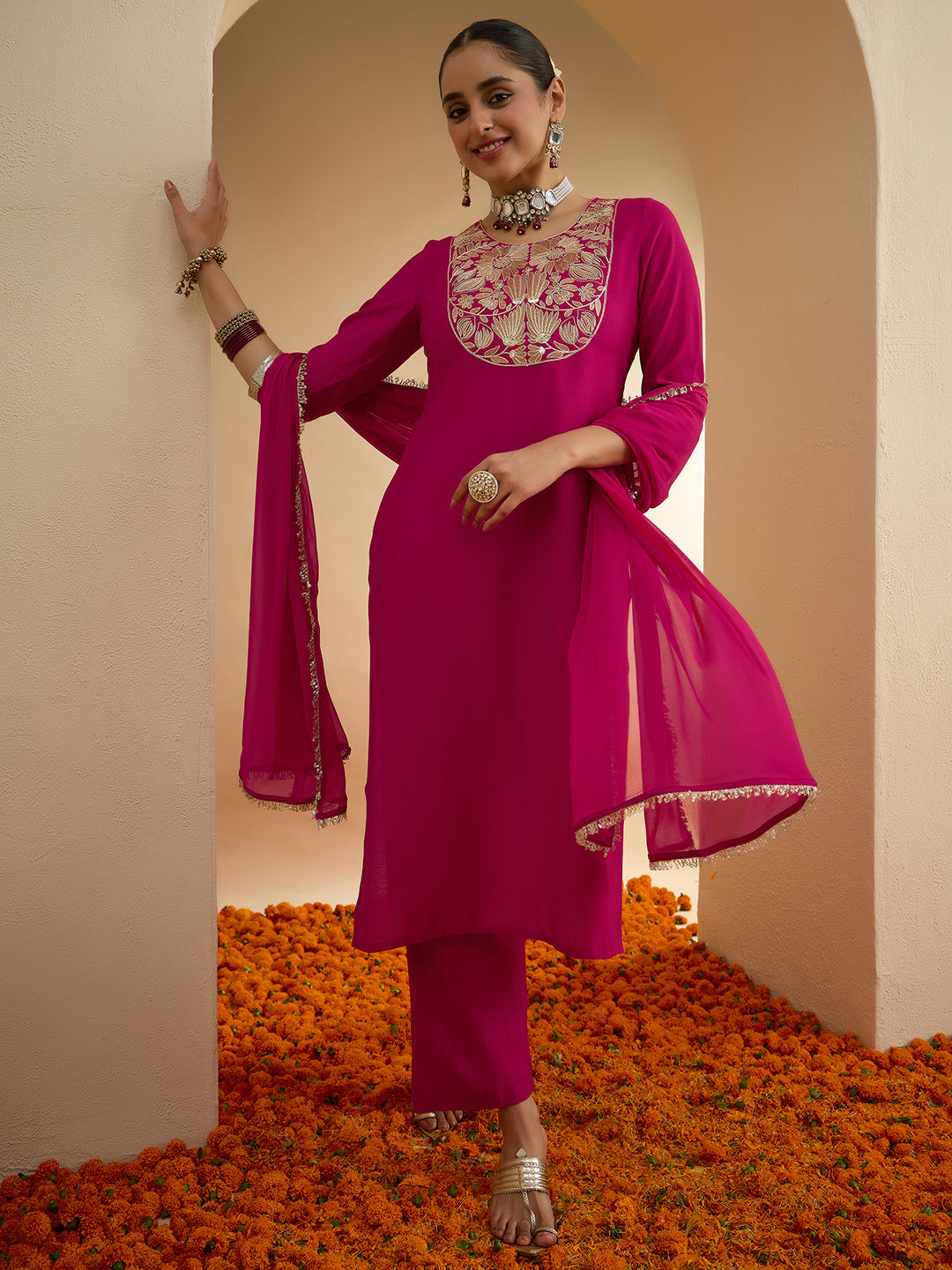 Janasya Women's Pink Silk Blend Floral Zari Yoke Embroidered Straight Kurta Set