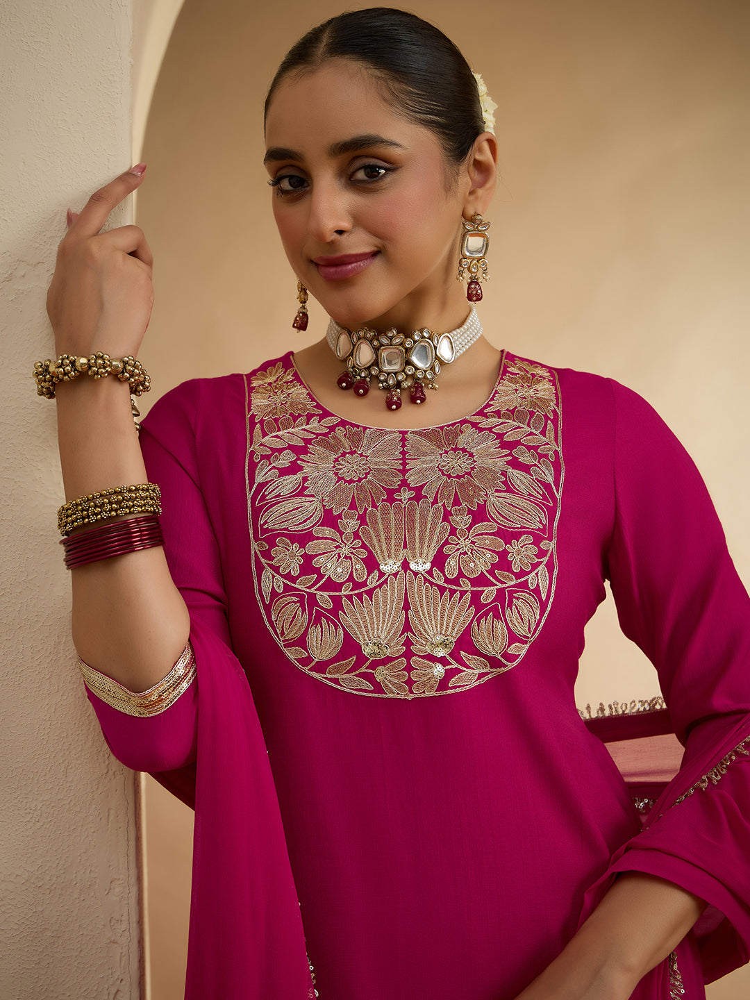 Janasya Women's Pink Silk Blend Floral Zari Yoke Embroidered Straight Kurta Set