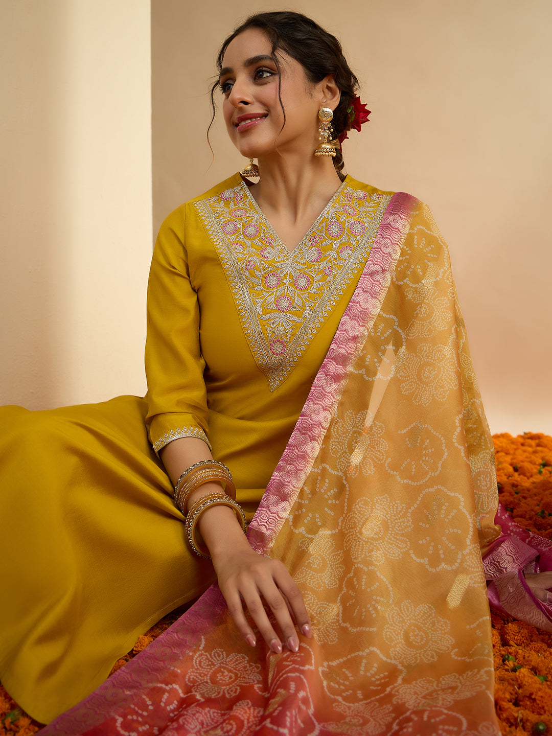 Janasya Women's Mustard Chanderi Silk Floral Embroidered Straight Kurta Set with Bandhani Printed Dupatta