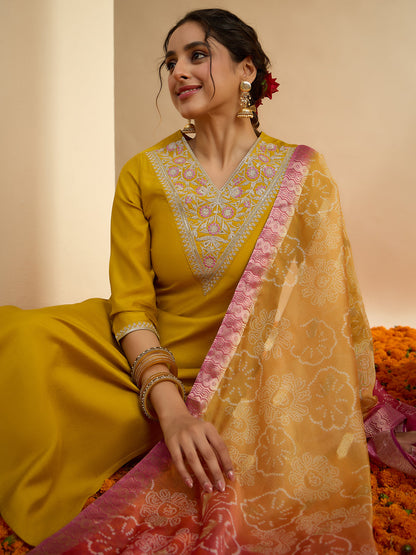 Janasya Women's Mustard Chanderi Silk Floral Embroidered Straight Kurta Set with Bandhani Printed Dupatta