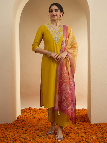 Janasya Women's Mustard Chanderi Silk Floral Embroidered Straight Kurta Set with Bandhani Printed Dupatta